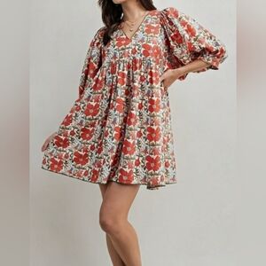 Gigio Poppy Lane Orange Floral V-Neck Dress New Medium Ric Rac Trim NWT